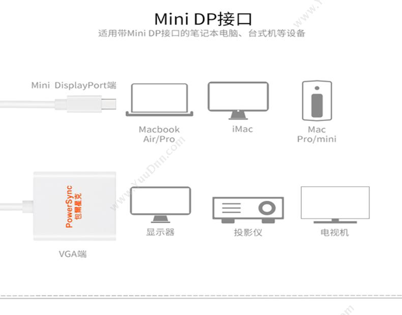 包尔星克 Powersync CAVMGBRA9001 Mini DP 转 VGA 0.15米 （白） 转换器