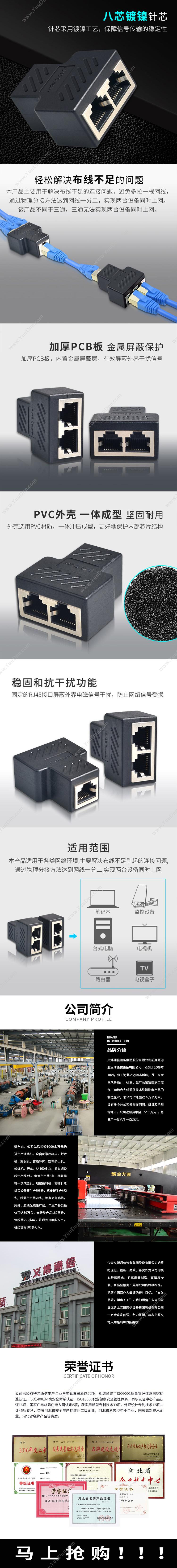 华宇义博 网线分线器 网线对延长接 网络转接 RJ45 （白） 组 转换器